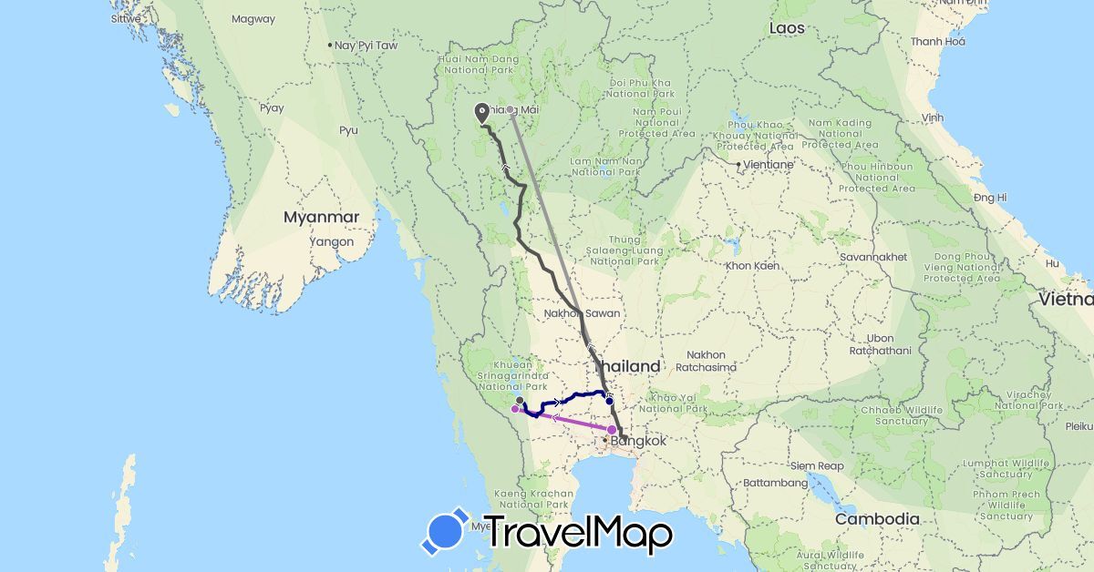 TravelMap itinerary: driving, plane, train, motorbike in Thailand (Asia)