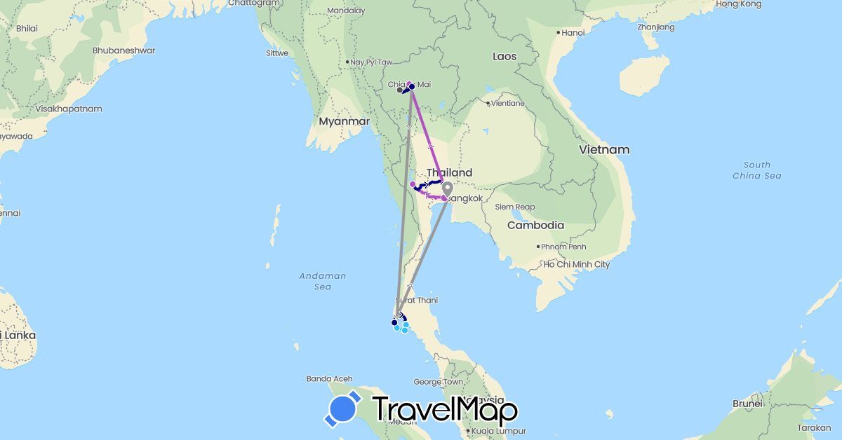 TravelMap itinerary: driving, plane, train, boat, motorbike in Thailand (Asia)